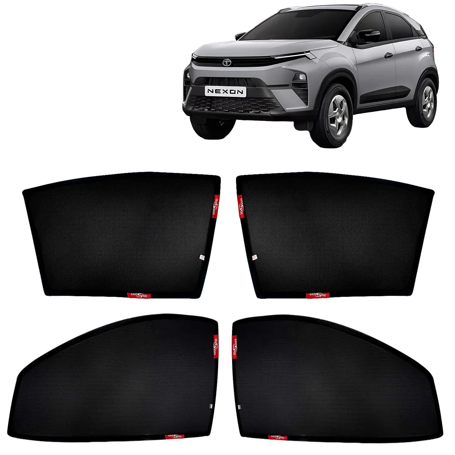 KINGSWAY® Nexon Car Sun Shade Z-Black Non Magnetic Fix Type Curtains for 2023 Onwards Model, Compatible with Tata Nexon Side Window Car Sunshade, Only Half Cut in Front Window, Black, 4 Piece