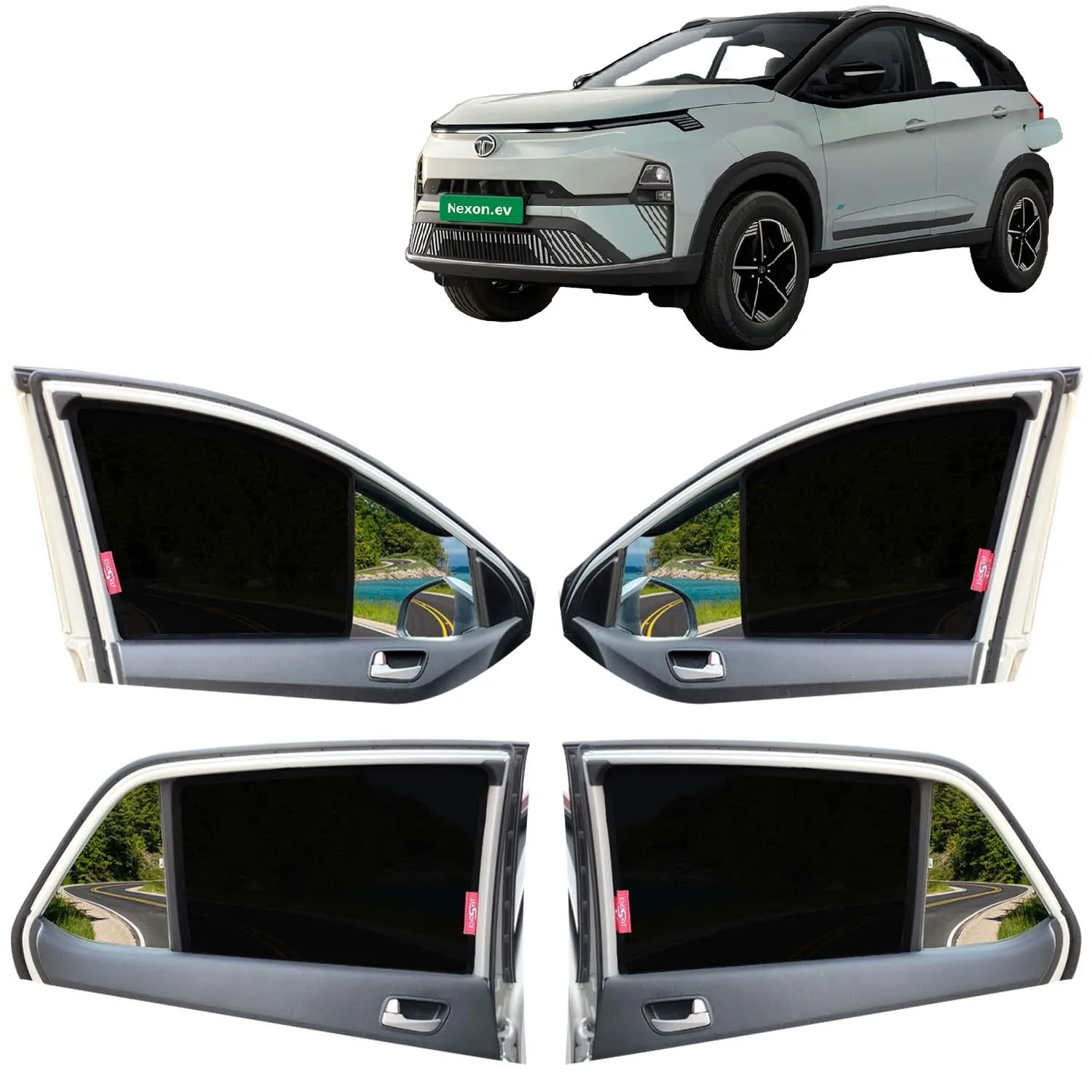 KINGSWAY® Nexon EV Car Sun Shade Z-Black Non Magnetic Fix Type Curtains for 2023 Onwards Model, Compatible with Tata Nexon EV Side Window Car Sunshade, Only Half Cut in Front Window, Black, 4 Piece