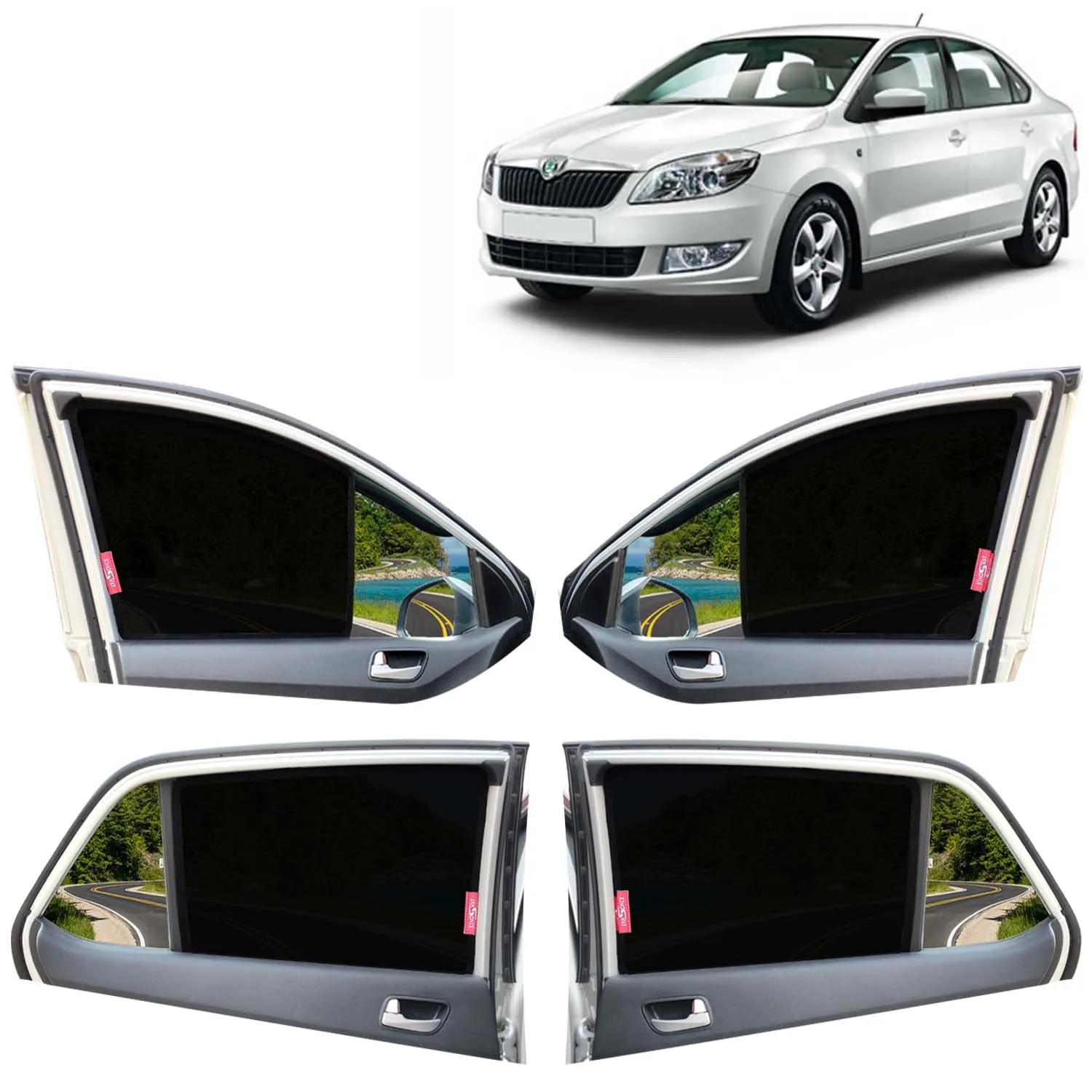 KINGSWAY® Rapid Car Sun Shade Z-Black Non Magnetic Fix Type Curtains for 2011 to 2016 Model, Compatible with Skoda Rapid Side Window Car Sunshade, Only Half Cut in Front Window, Black, 4 Piece