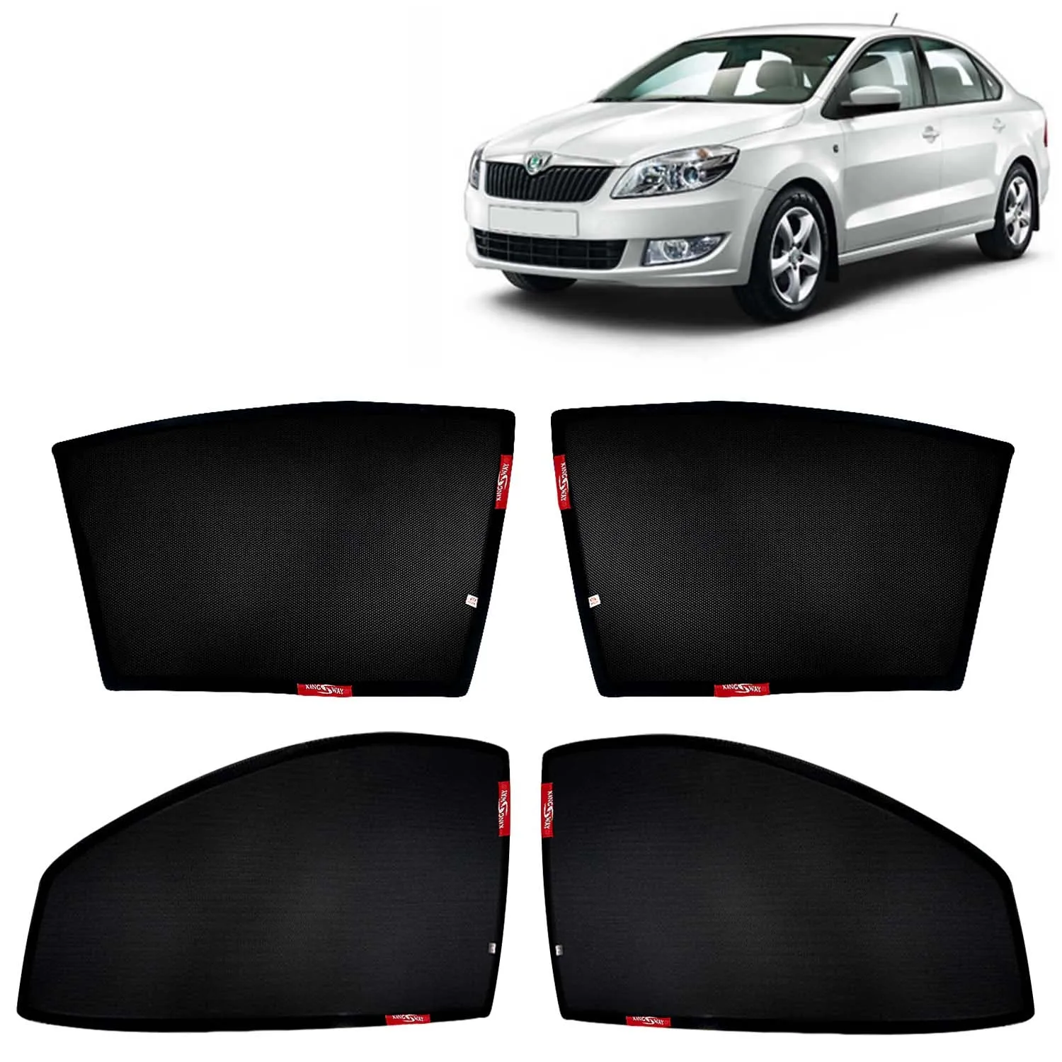KINGSWAY® Rapid Car Sun Shade Z-Black Non Magnetic Fix Type Curtains for 2011 to 2016 Model, Compatible with Skoda Rapid Side Window Car Sunshade, Only Half Cut in Front Window, Black, 4 Piece