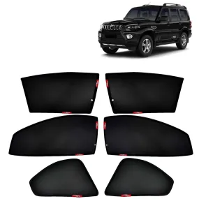 KINGSWAY® Scorpio Car Sun Shade Z-Black Non Magnetic Fix Type Curtains for 2019 to 2022 Model, Compatible with Mahindra Scorpio Side Window Car Sunshade, Only Half Cut in Front Window, Black, 6 Piece