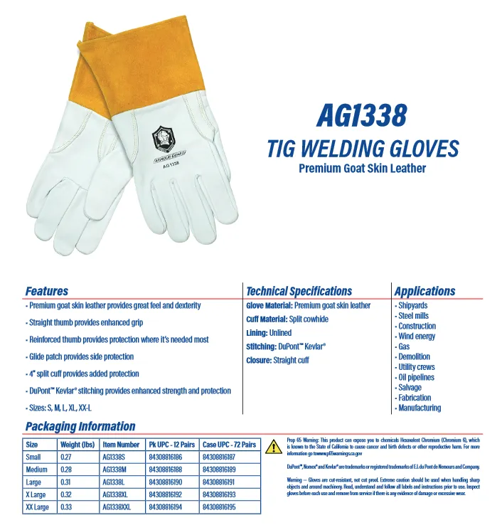 Leather Welding Gloves Cowhide / Goatskin with Kevlar Stitching - TIG - Armour Guard AG-1338