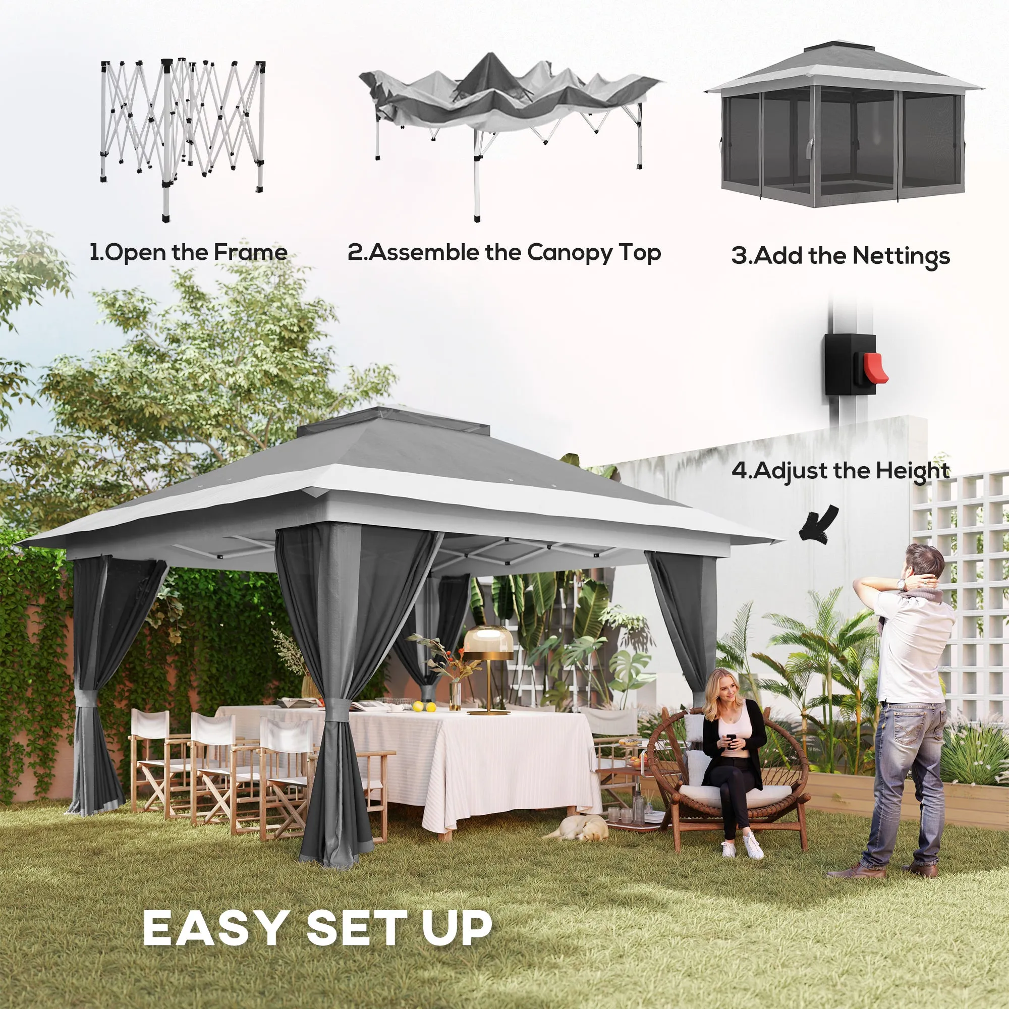 Outsunny 3.6 x 3.6m Pop Up Gazebo with Netting and Wheeled Bag