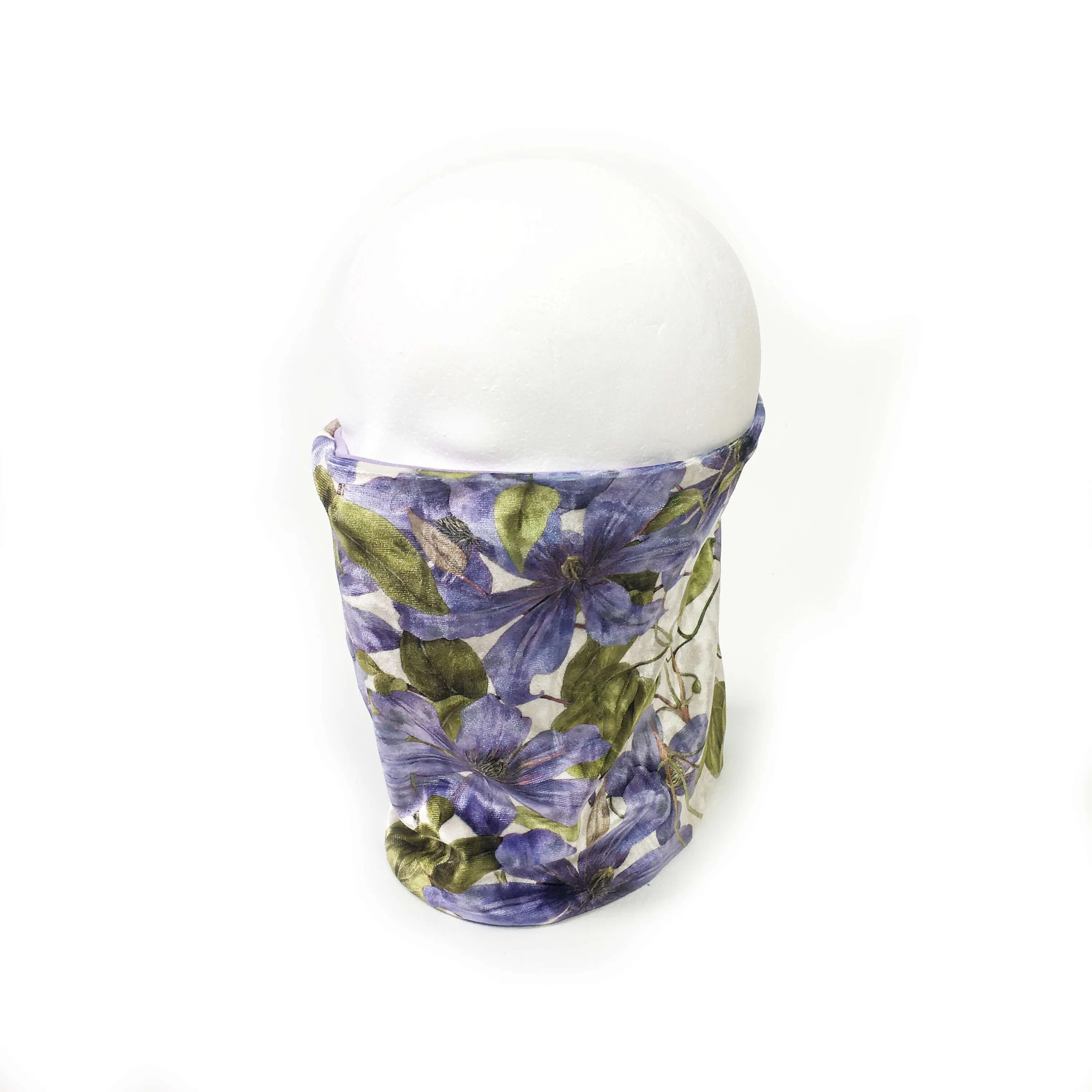 Periwinkle Clematis,  Versatile Scarf, Headband, HatBand, Neck Warmer, Ladies Scarf, Velour Scarf, Designer Gaiter, Handpainted and printed