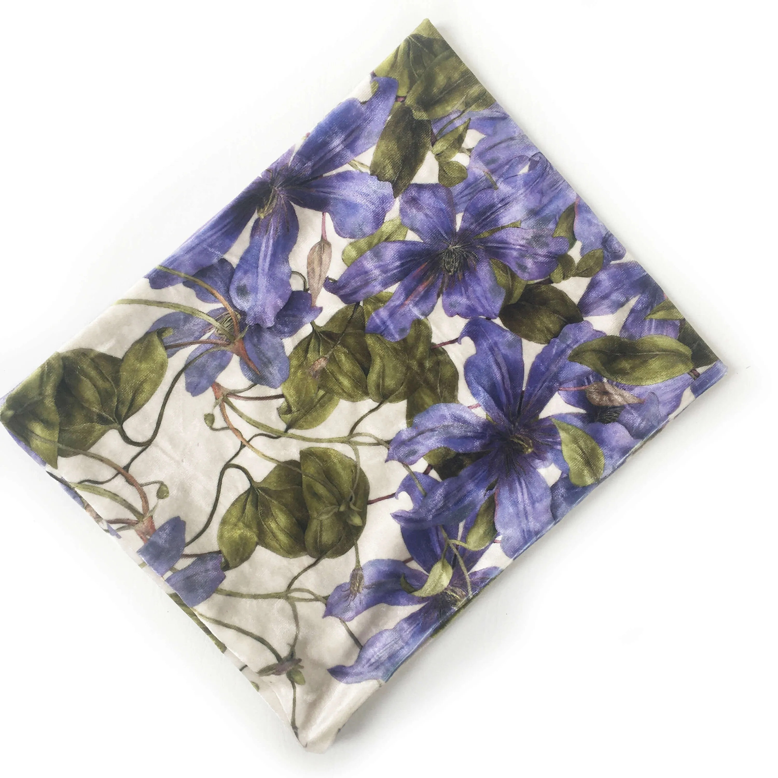 Periwinkle Clematis,  Versatile Scarf, Headband, HatBand, Neck Warmer, Ladies Scarf, Velour Scarf, Designer Gaiter, Handpainted and printed