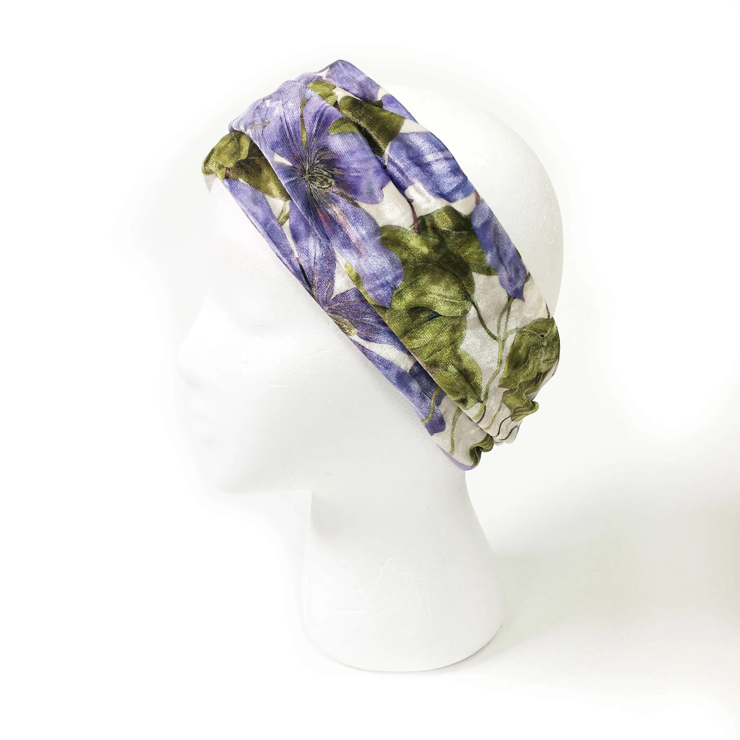 Periwinkle Clematis,  Versatile Scarf, Headband, HatBand, Neck Warmer, Ladies Scarf, Velour Scarf, Designer Gaiter, Handpainted and printed