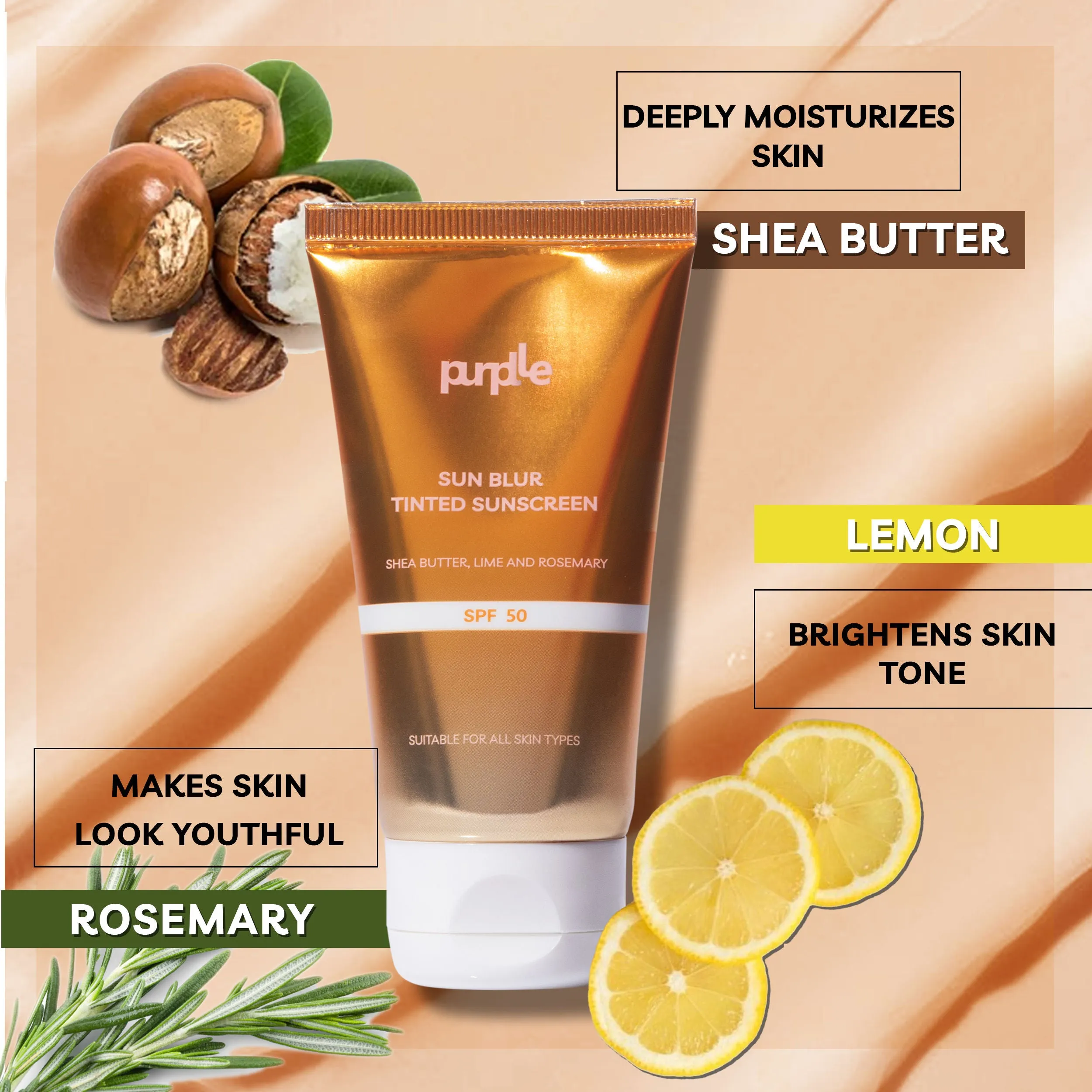 Purplle Sun Blur Tinted Sunscreen - Shea Butter, Lime, and Rosemary SPF50 (50 gm)