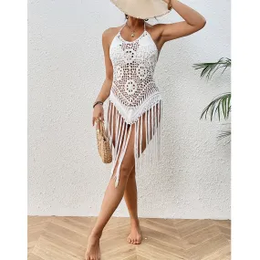 Sexy Backless Hand Crocheting Lace Up Cutout Tassel Bikini Top