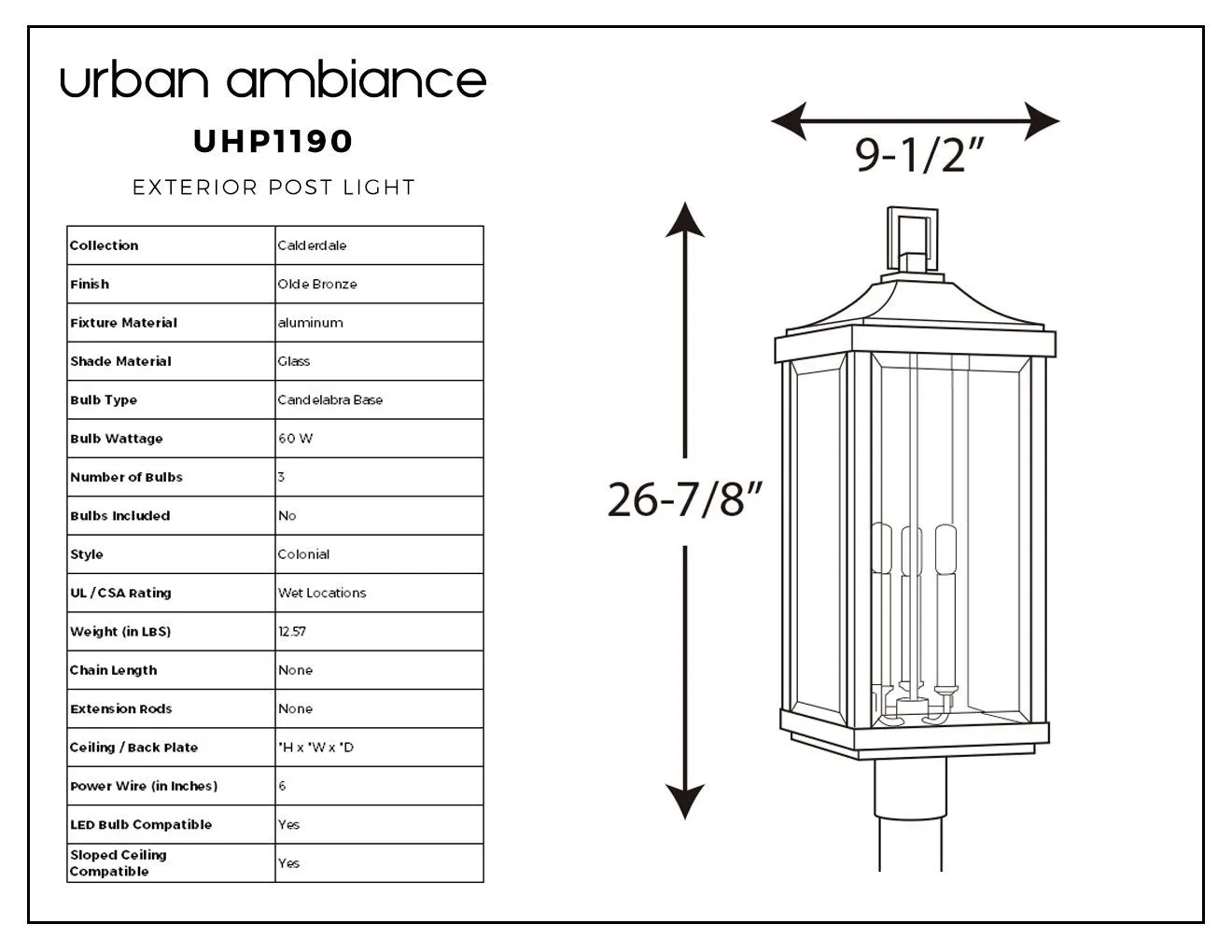 UHP1190 Colonial Outdoor Post / Pier Light, 26-7/8" x 9-1/2", Olde Bronze Finish, Calderdale Collection