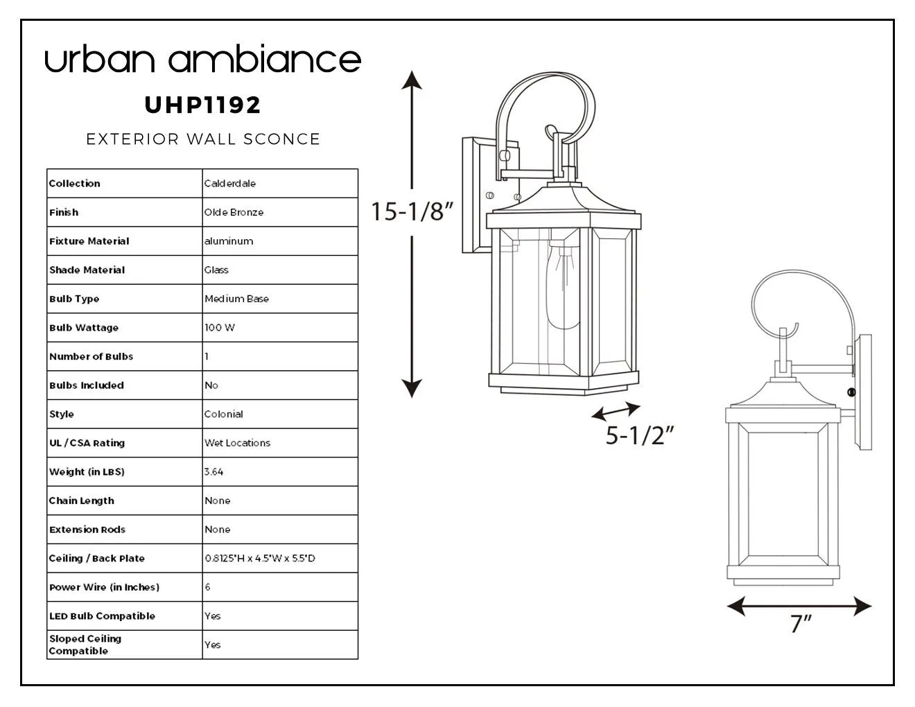 UHP1192 Colonial Outdoor Wall Light, 15-1/8" x 5-1/2", Olde Bronze Finish, Calderdale Collection