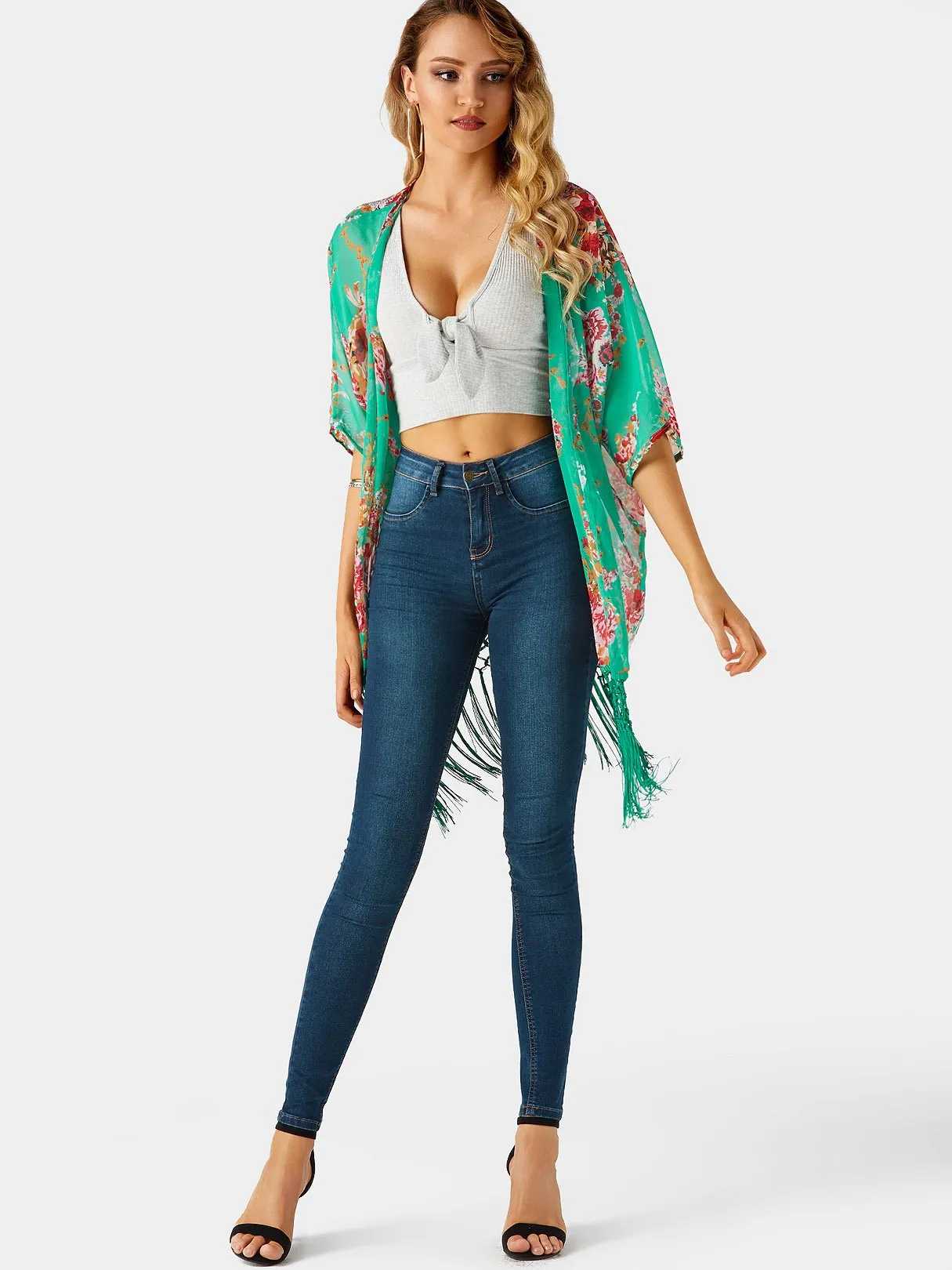 Wholesale Floral Print Tassel Half Sleeve Tassel Hem Green Beachwear