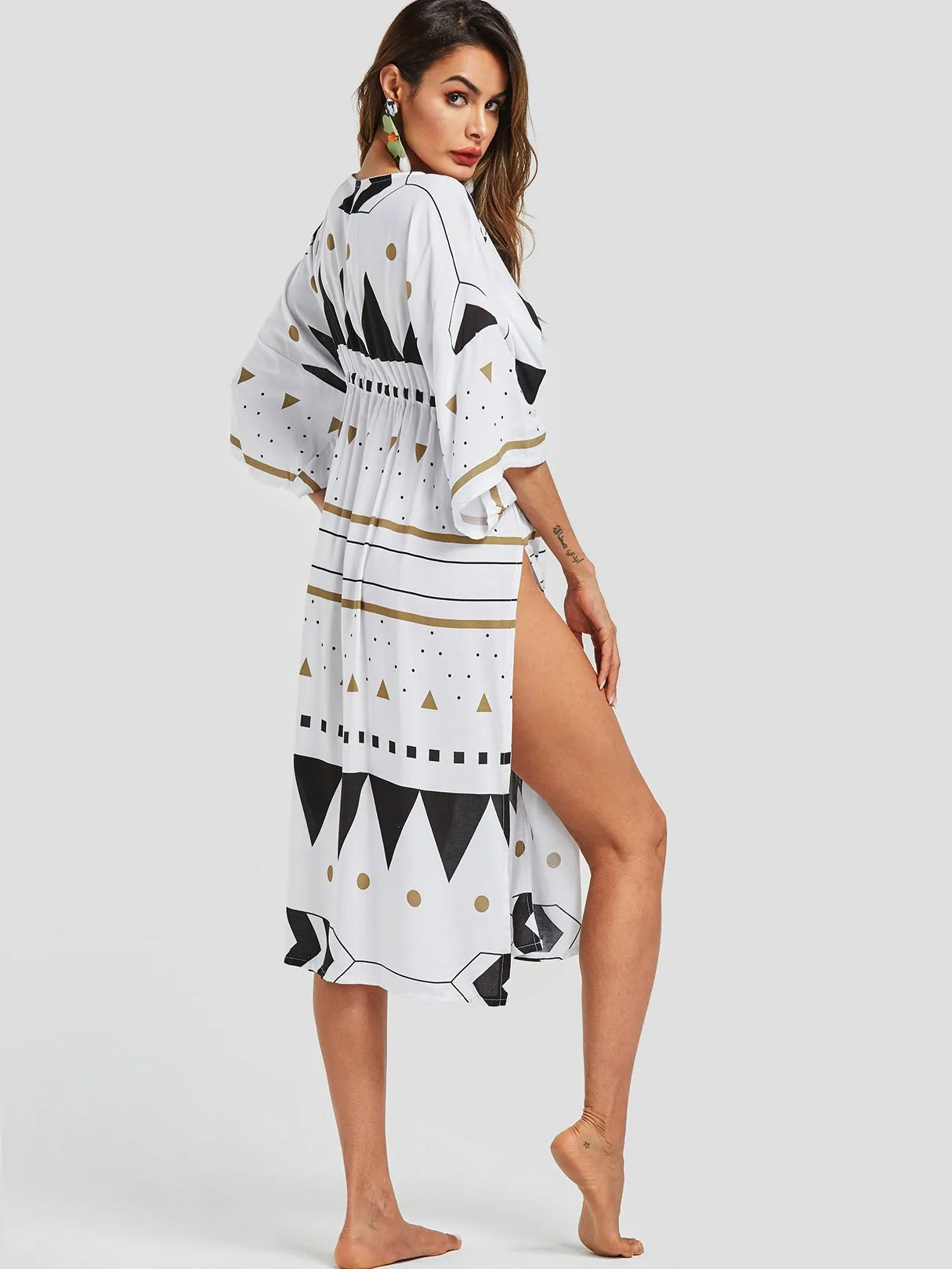 Wholesale Geometrical Slit Tie-Up 3/4 Length Sleeve White Beach Dresses