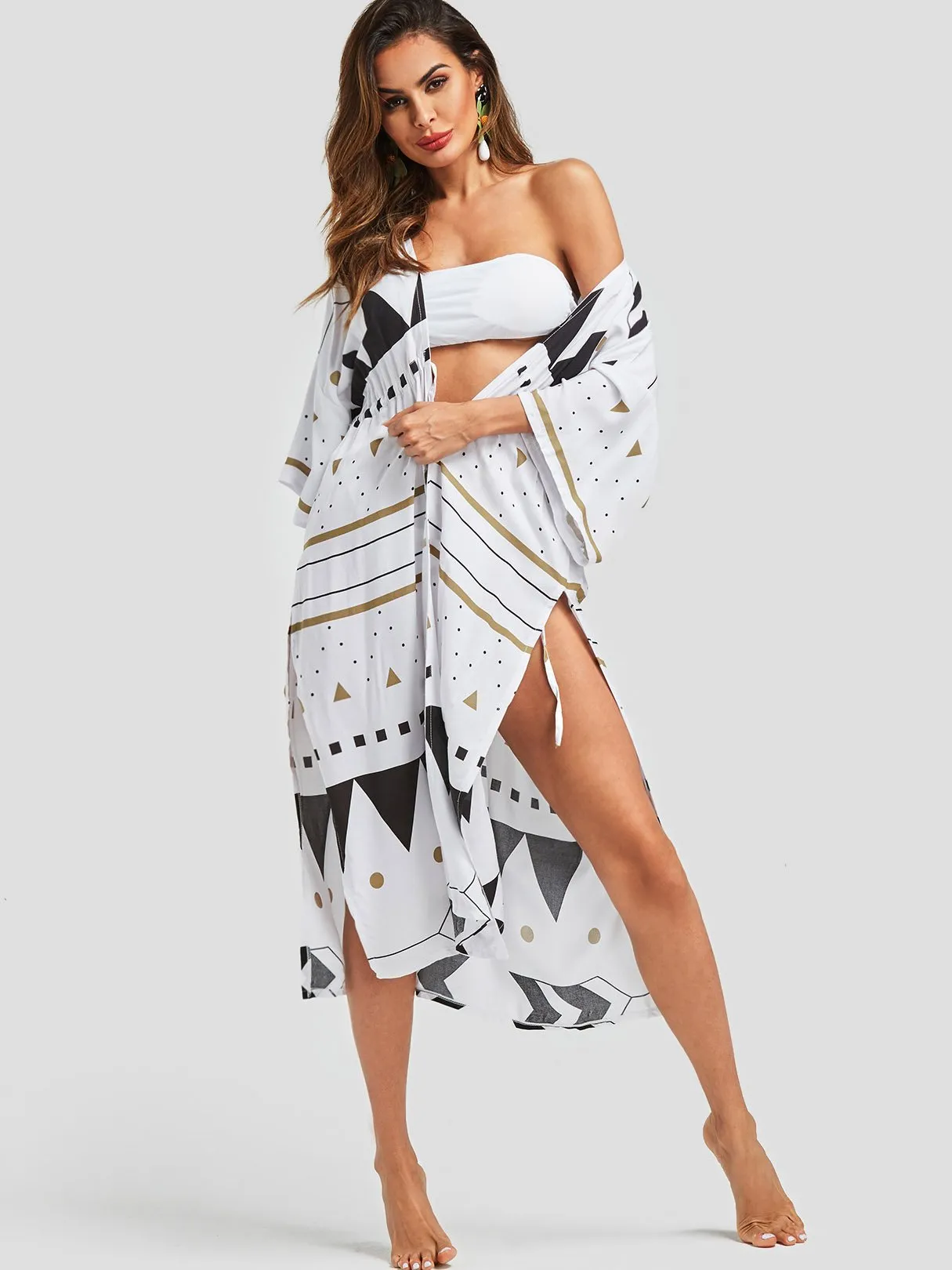 Wholesale Geometrical Slit Tie-Up 3/4 Length Sleeve White Beach Dresses