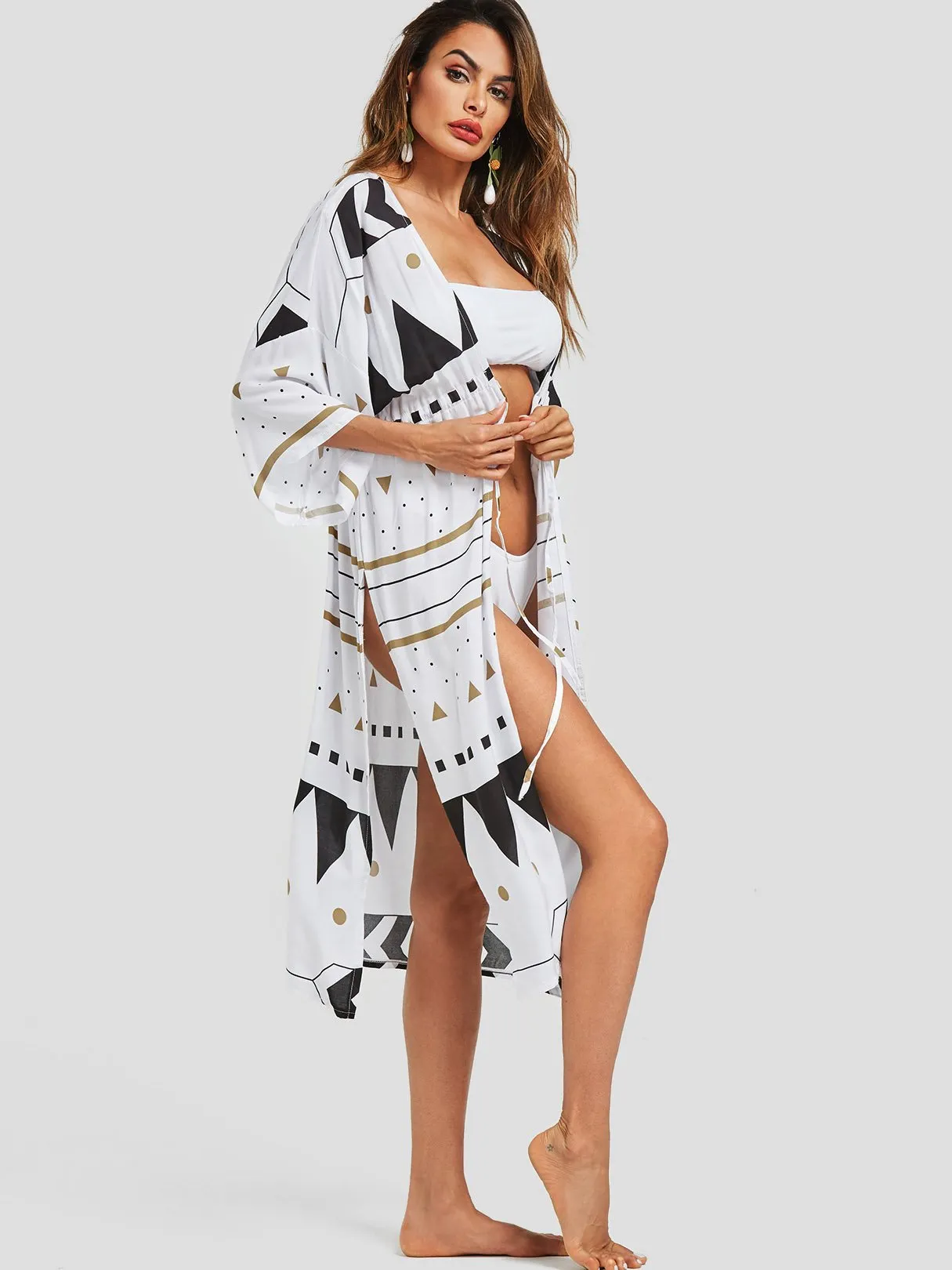 Wholesale Geometrical Slit Tie-Up 3/4 Length Sleeve White Beach Dresses