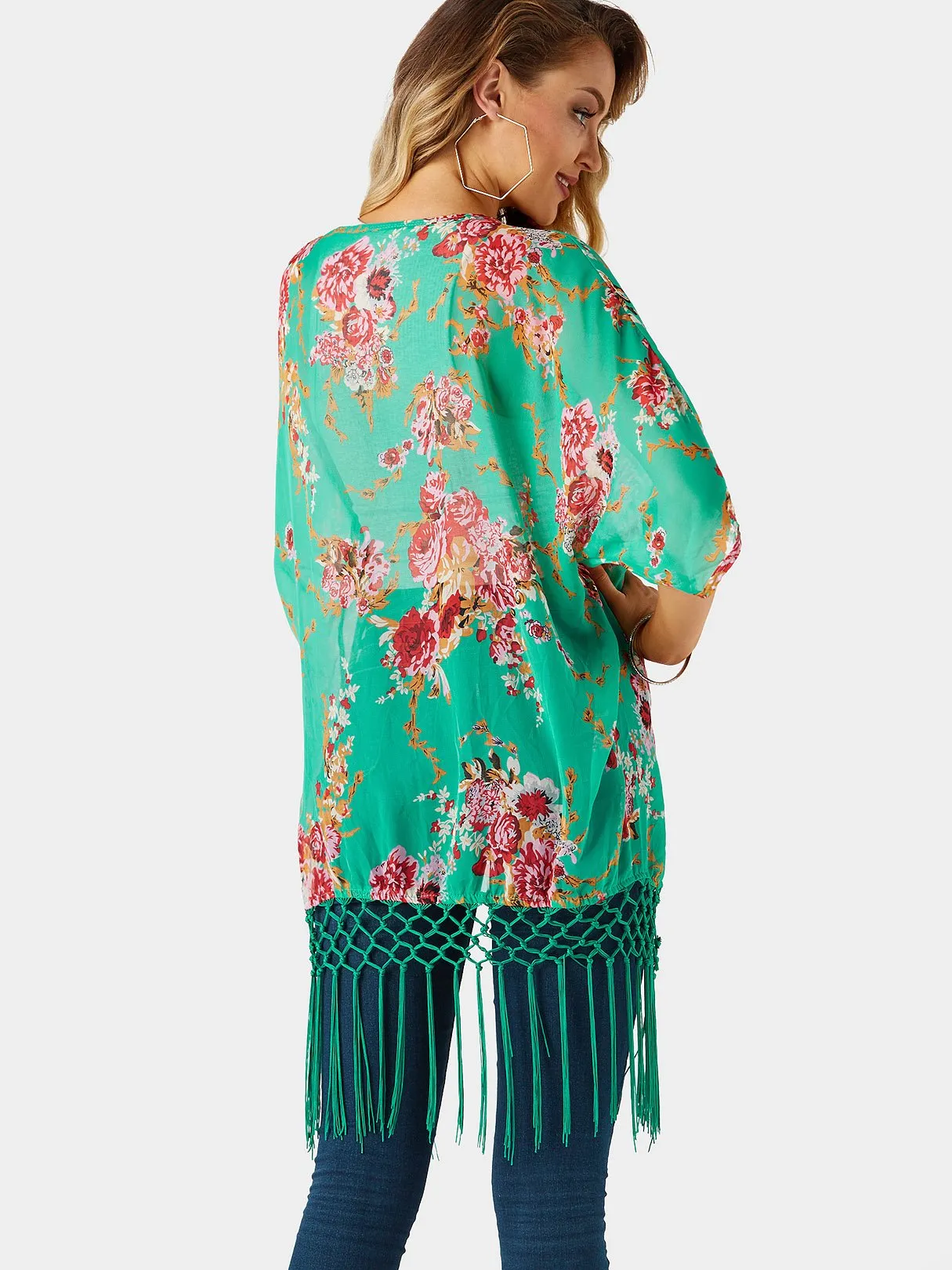 Wholesale Green Half Sleeve Floral Print Tassel Tassel Hem Beachwear