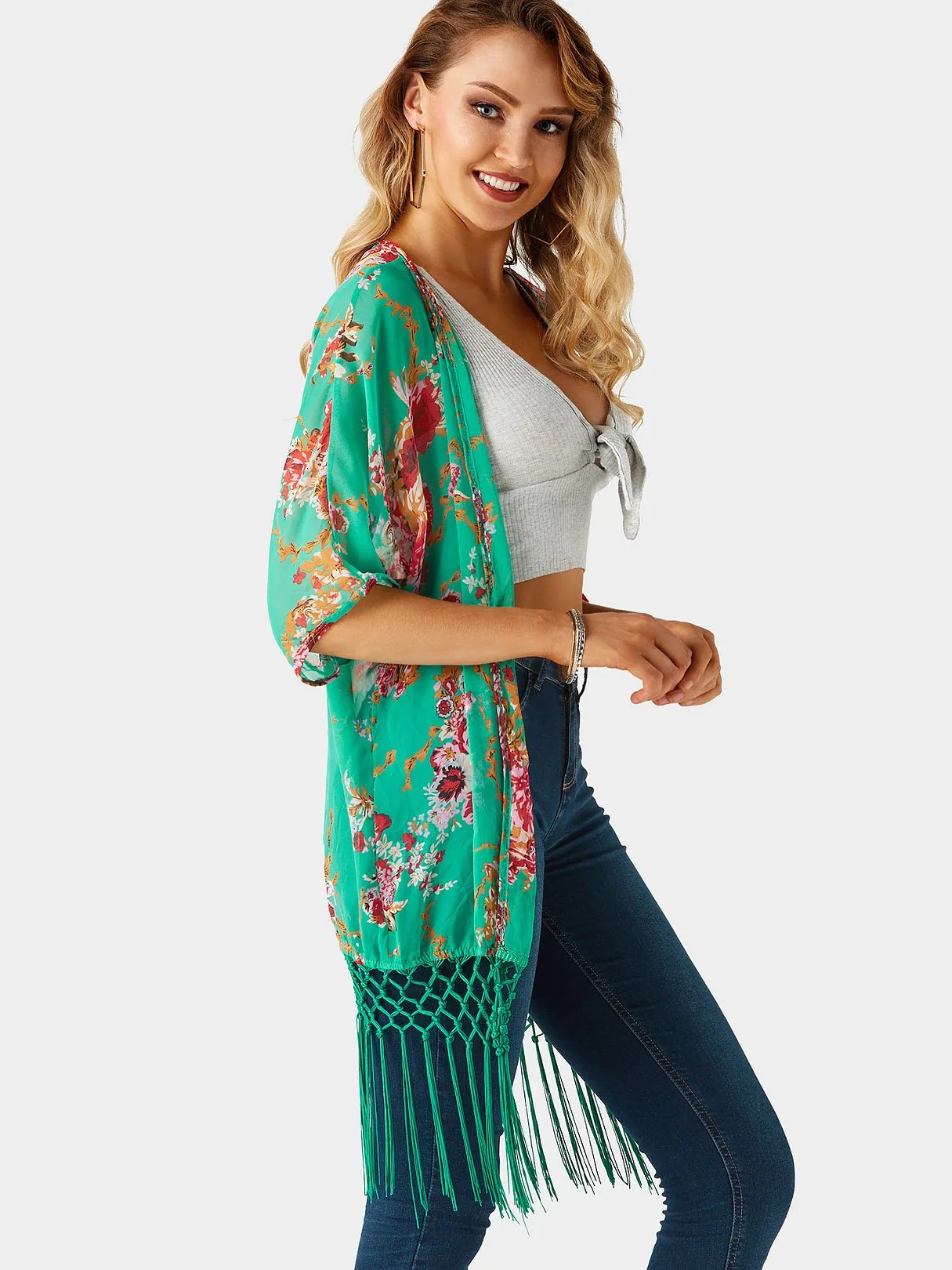 Wholesale Green Half Sleeve Floral Print Tassel Tassel Hem Beachwear