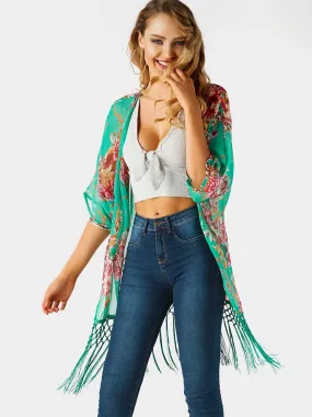 Wholesale Green Half Sleeve Floral Print Tassel Tassel Hem Beachwear
