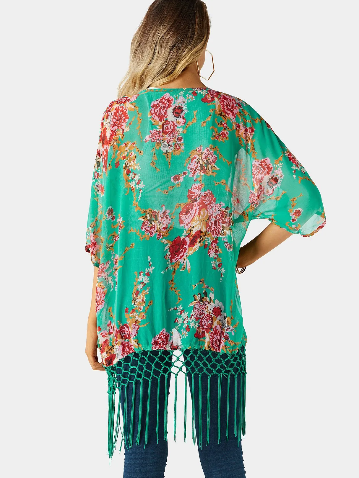 Wholesale Green Half Sleeve Floral Print Tassel Tassel Hem Beachwear