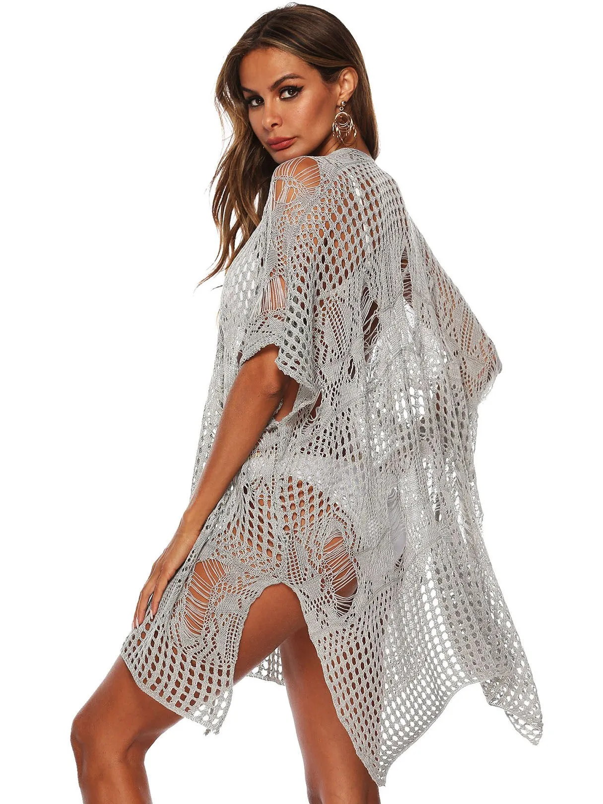 Wholesale Scoop Neck Short Sleeve Plain Crochet Lace Embellished Crossed Front Hollow Slit Beach Dresses