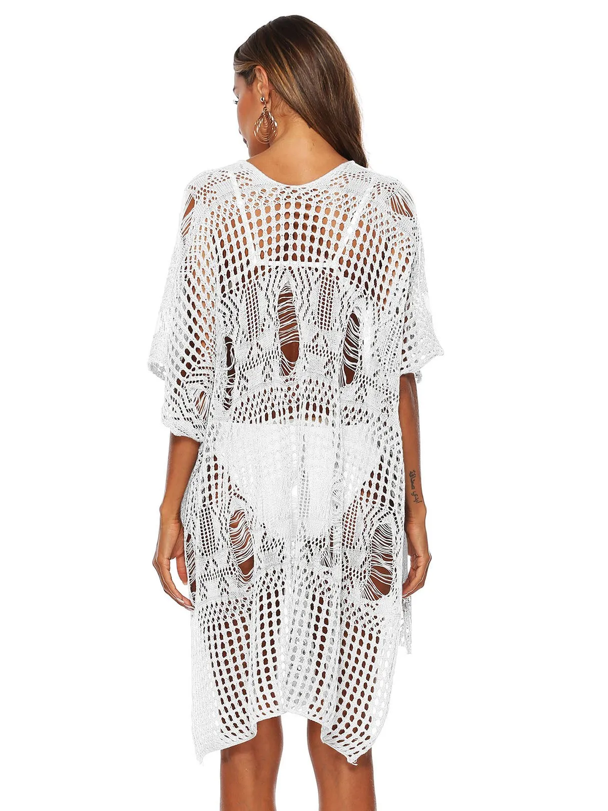 Wholesale Scoop Neck Short Sleeve Plain Crochet Lace Embellished Crossed Front Hollow Slit Beach Dresses