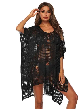 Wholesale Scoop Neck Short Sleeve Plain Crochet Lace Embellished Crossed Front Hollow Slit Beach Dresses